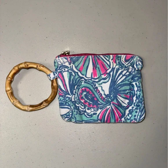LILLY PULITZER Purse Wallet Wristlet Bag Bamboo Handle Clutch Make-up Canvas Min - Picture 5 of 10